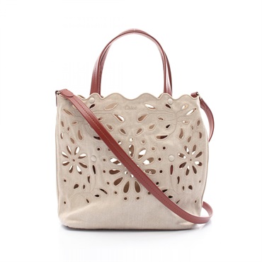 Chloe KAMILLA NORTH SOUTH SMALL TOTE Shoulder Bag canvas leather Beige Brown