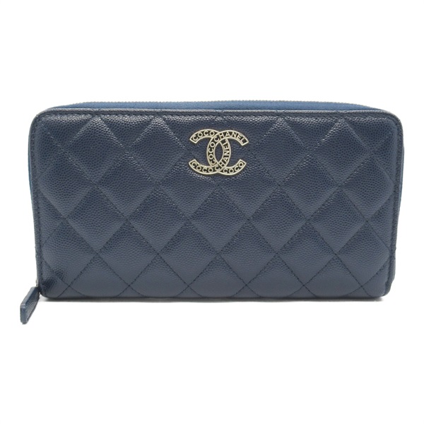 CHANEL Matelasse Around zipper long wallet purse Grained Calf Navy Used SHW