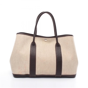 HERMES Garden party PM Tote Hand Bag Toile H leather Beige Brown Used Women