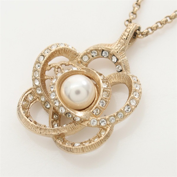 CHANEL Camellia COCO Mark Necklace Gold Plated Artificial pearl rhinestone Used