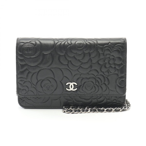 CHANEL Camelia wallet on chain Shoulder Bag A47421 Lamb leather Black Used SHW