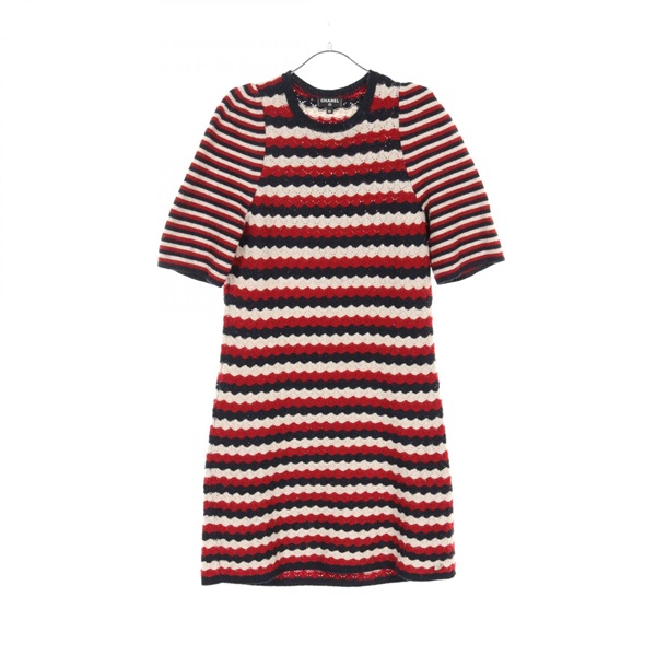 CHANEL Dress Knit P57823 cashmere Navy Red White Used Women size 34