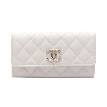 CHANEL Matelasse Bifold purse wallet leather Grained calfskin White Used Women