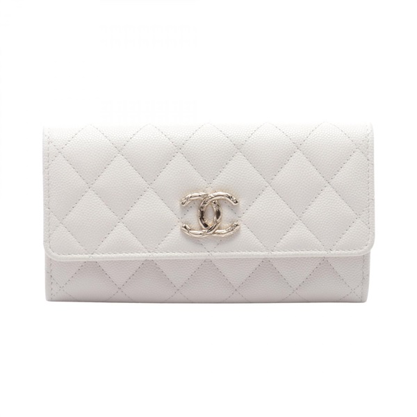CHANEL Matelasse Bifold purse wallet leather Grained calfskin White Used Women
