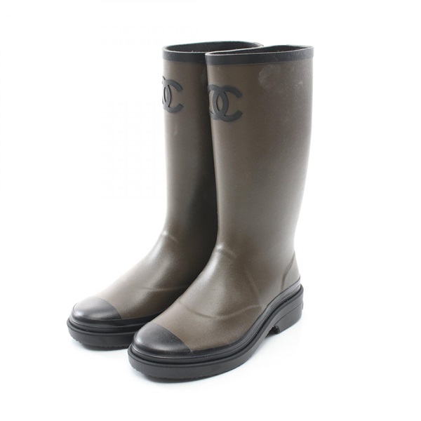 CHANEL COCO Mark long boots shoes #37 G45838 rubber Khaki Black Used