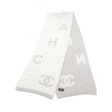 CHANEL COCO Mark Camelia Scarf wool silk cashmere White Gray Used Women