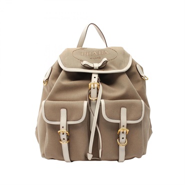 PRADA LOGO JACQUARD Logo Jacquard Backpack 1BZ006 canvas Beige White Used