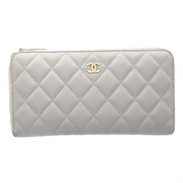 CHANEL Matelasse Around long zip wallet purse AP0242 leather Light gray Used GHW
