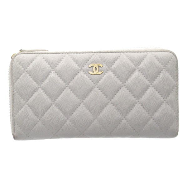 CHANEL Matelasse Around long zip wallet purse AP0242 leather Light gray Used GHW