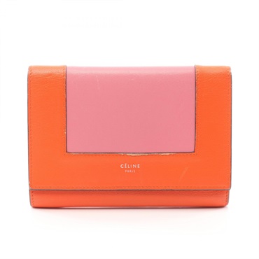 CELINE flame Tri-fold compact purse wallet leather Orange Pink Used