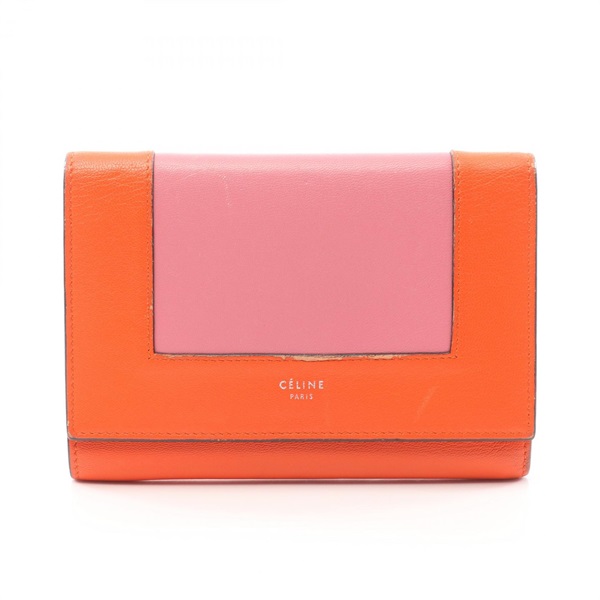 CELINE flame Tri-fold compact purse wallet leather Orange Pink Used