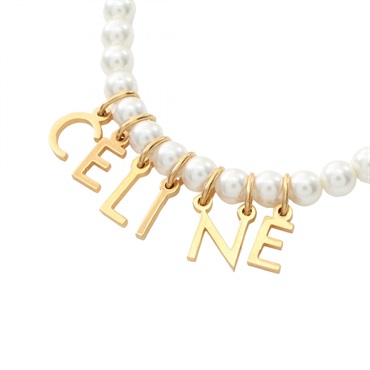 CELINE logo Necklace Gold Plated Artificial pearl White Used women
