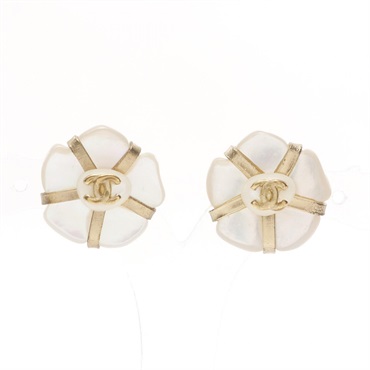 CHANEL COCO Camelia Pierced earrings Gold Plated Artificial Shell Used women CC