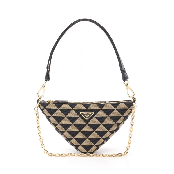 PRADA Triangle Chain Shoulder 2way Bag 1BC543 canvas leather Beige Black Used