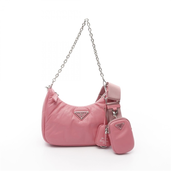 PRADA Re-Edition 2005 Embroidery Dril Shoulder Bag 1BH204 leather Pink Used