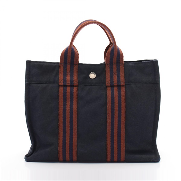 HERMES Fourre-tout PM Tote Hand Bag canvas SHW Navy Brown Used Women