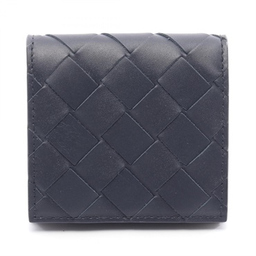 BOTTEGA VENETA Intrecciato coin case purse leather navy mustard Used unisex