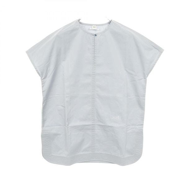 HERMES collarless Blouse shirts tops french sleeves cotton Blue Used Women #34