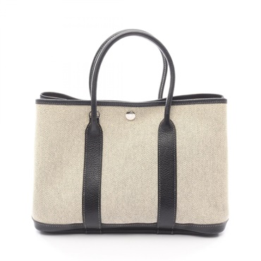 HERMES Garden party TPM Tote hand Bag J Negonda leather Toile H Black Ecru SHW