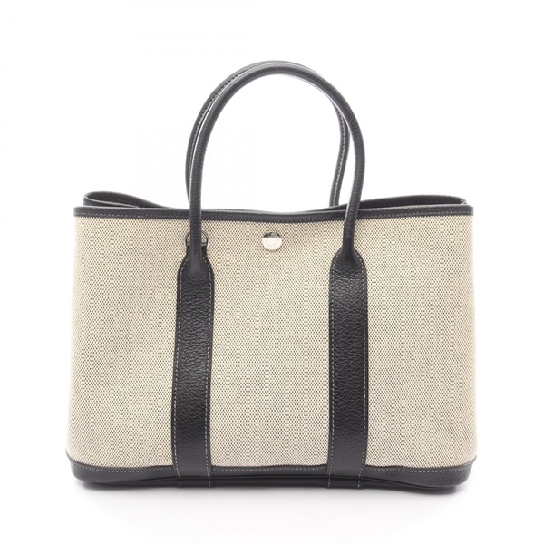 HERMES Garden party TPM Tote hand Bag J Negonda leather Toile H Black Ecru SHW