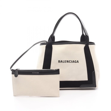 BALENCIAGA NAVY CABAS S Tote Handbag 339933 canvas leather Beige Black Used