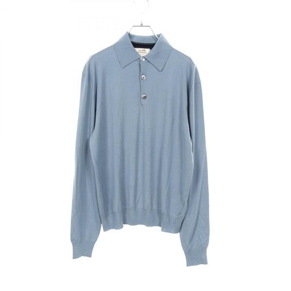 HERMES Knitwear Polo shirt long sleeve tops wool Blue Used mens size S