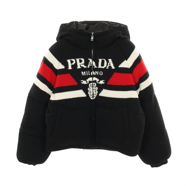 PRADA Down jacket Coat Blouson #40 wool cashmere Black logo Used Women