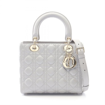 Dior LADY DIOR Cannage Shoulder Crossbody Handbag leather Gray Used Women