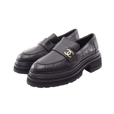 CHANEL COCO Mark Matelasse Loafers Shoes #38 G45874 leather Black Used Women CC