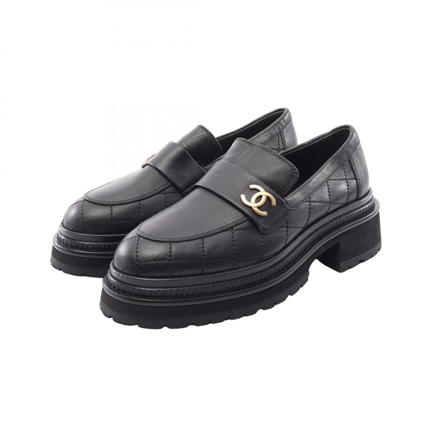 CHANEL COCO Mark Matelasse Loafers Shoes #38 G45874 leather Black Used Women CC