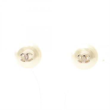 CHANEL COCO Mark Pierced Earrings Stainless Steel Artificial pearl White Used CC
