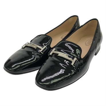 TOD'S Double T loafers Flat Shoes Black Patent Leather Black #39 Used Women