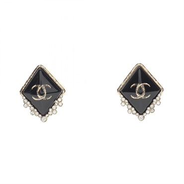CHANEL COCO Mark Pierced Earrings Gold Plated Black 27mm x 23mm Used Women CC