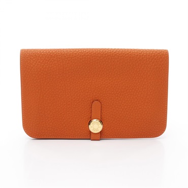 HERMES Dogon GM Bifold long purse wallet F Fjord leather Orange Used GHW