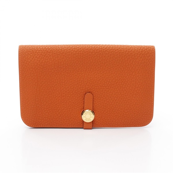 HERMES Dogon GM Bifold long purse wallet F Fjord leather Orange Used GHW