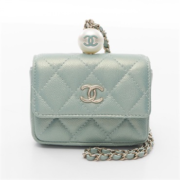 CHANEL Matelasse Chain Flap Coin Purse AP2119 Calfskin Green GHW Used Women