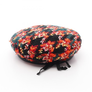 GUCCI Check Lame Tweed Beret cap hat 729140 Wool Orange Multicolor HC 55cm
