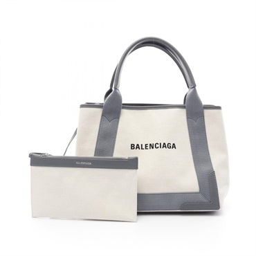 BALENCIAGA NAVY CABAS S Tote Bag 339933 canvas leather Beige Gray Used Women