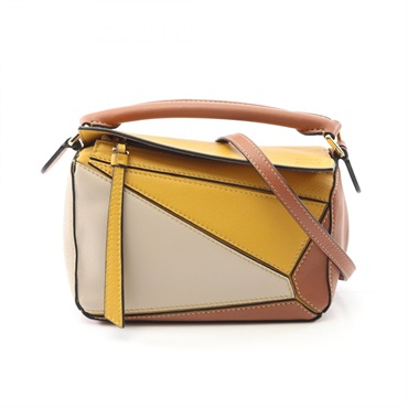 LOEWE PUZZLE BAG MINI 2way Shoulder Handbag leather Brown Yellow Used Women