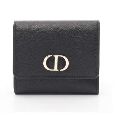 Christian Dior 30 MONTAIGNE LOTUS Tri-fold compact Wallet purse Leather Black CD