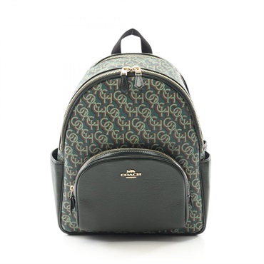 Coach Signature Print Coated Canvas Backpack Bag CF344 Leather Green Used