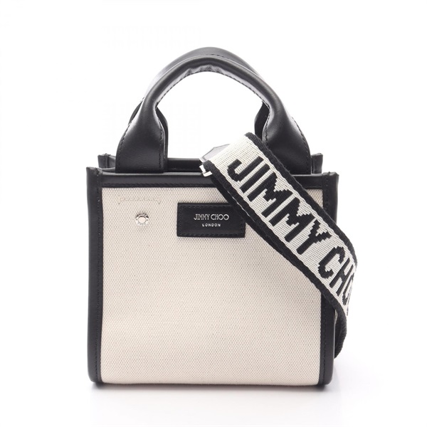 JIMMY CHOO Shopper Tote S Hand Bag shoulder canvas leather Beige Black Used logo
