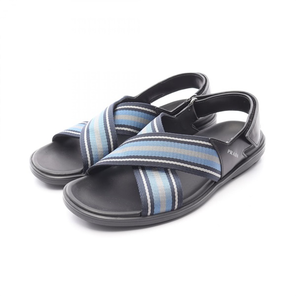 PRADA Sandals 2X3024 Canvas Leather Black Blue Beige Size 7 Used Mens
