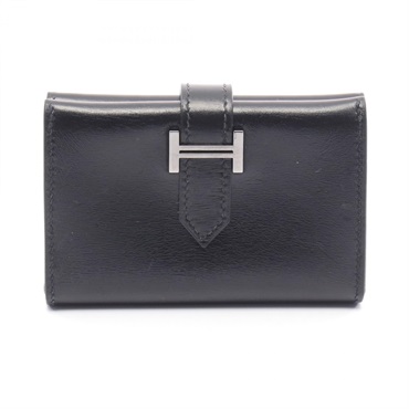 HERMES Bearn mini Card Case Holder Box calf leather Black Used Women G SHW