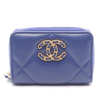 CHANEL 19 dix-neuf Zip Coin Purse AP0949 Lamb leather Blue Used Women GHW COCO