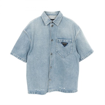 PRADA Triangular Plate Short Sleeve Shirt GEC067 Denim Blue Size S Used Mens