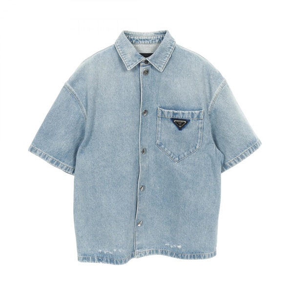 PRADA Triangular Plate Short Sleeve Shirt GEC067 Denim Blue Size S Used Mens