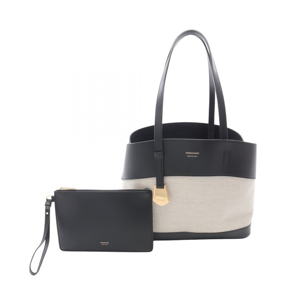 Salvatore Ferragamo CHARMING TOTE Bag 21 6797 canvas leather Beige Black Used