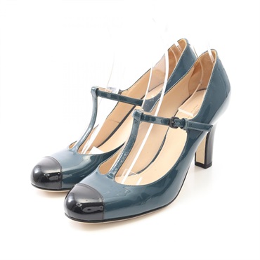 BOTTEGA VENETA T Strap Pumps 496171 Patent Leather Green Black #39 Used Women