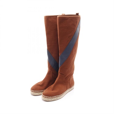 HERMES boots #37 long shoes flats canvas leather Brown Navy Used Women
